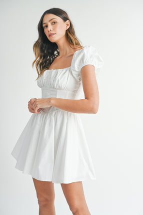Off White Puff Sleeve Bustier Button Down Mini Dress