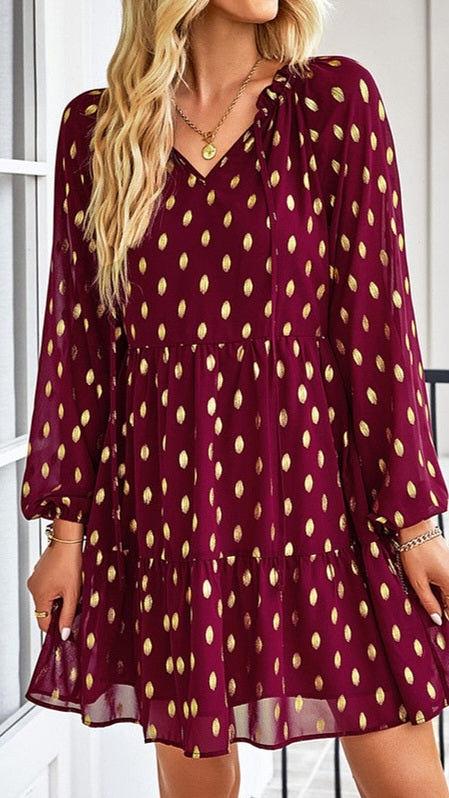 Gold Polka Dot Long Sleeve Red Dress