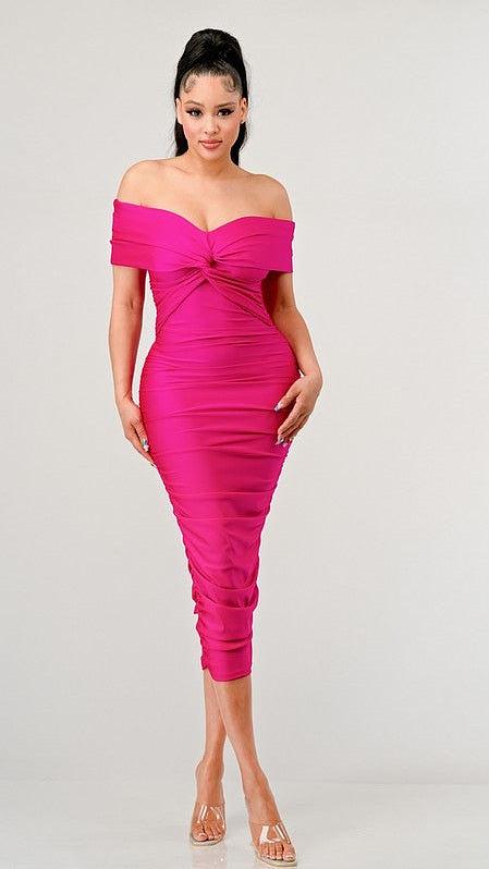 Off Shoulder Twist Front Ruched Fuschia Dress