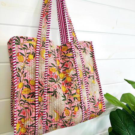 Cotton Quilted Block Print Tote Bag Reversible - Pink Yellow