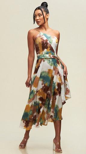 Abstract One Shoulder Midi Brown Dress