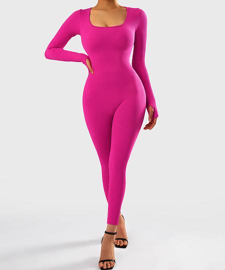 MOOSLOVER Ribbed Solid Color Tummy Control Long Sleeve Seamless Bodysuit