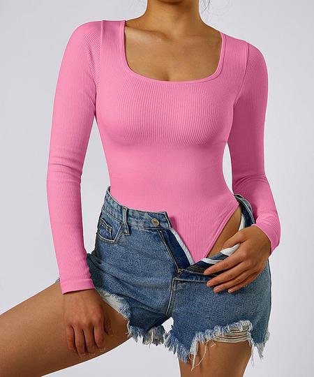 MOOSLOVER Ribbed Solid Color Tummy Control Long Sleeve Seamless Bodysuit