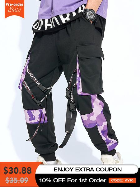 Men Camo Patchwork Utility Cargo Ribbon Designed Long Multi Pocket Street Pants  a $3.88 ENJOY EXTRA COUPON 