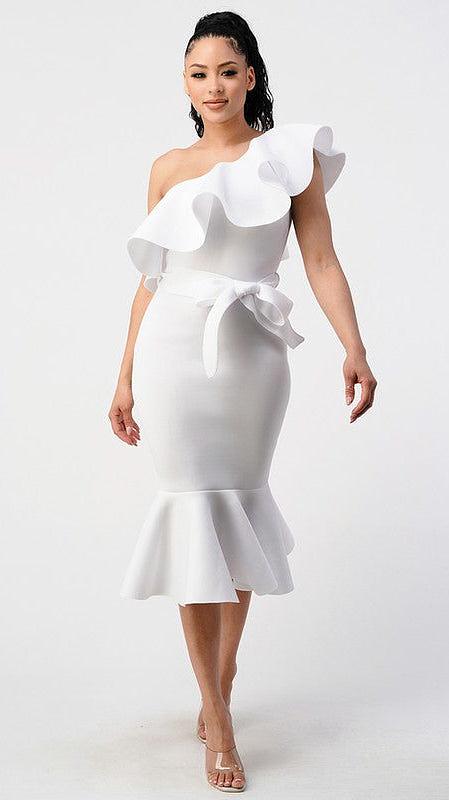 One Shoulder White Ruffle Belted Mermaid Dress