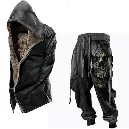 Mens Vintage Hoodie Fleece Jacket Zipper Coat Skull Print Joggers Matching Set