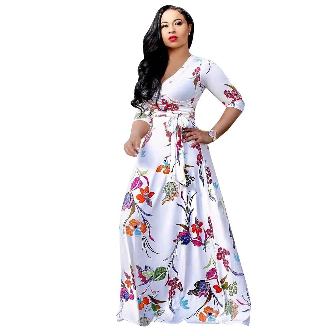 White Floral V-neck Full Length Maxi Dress with Belt - Available in Sizes S -3XL