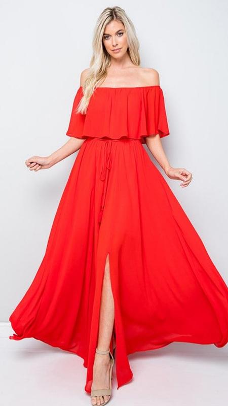 Off-Shoulder Chiffon Maxi Dress - Poppy Red