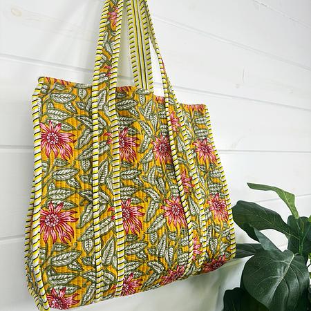 Cotton Quilted Block Print Tote Bag Reversible - Gold