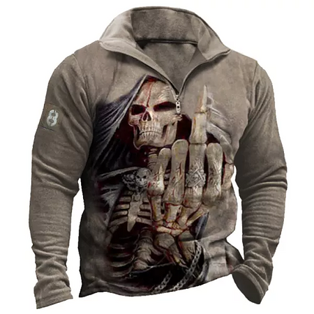 Men&#39;s Retro Half Zipper Collar Skull Middle Finger Print Tactical Sweatshirt