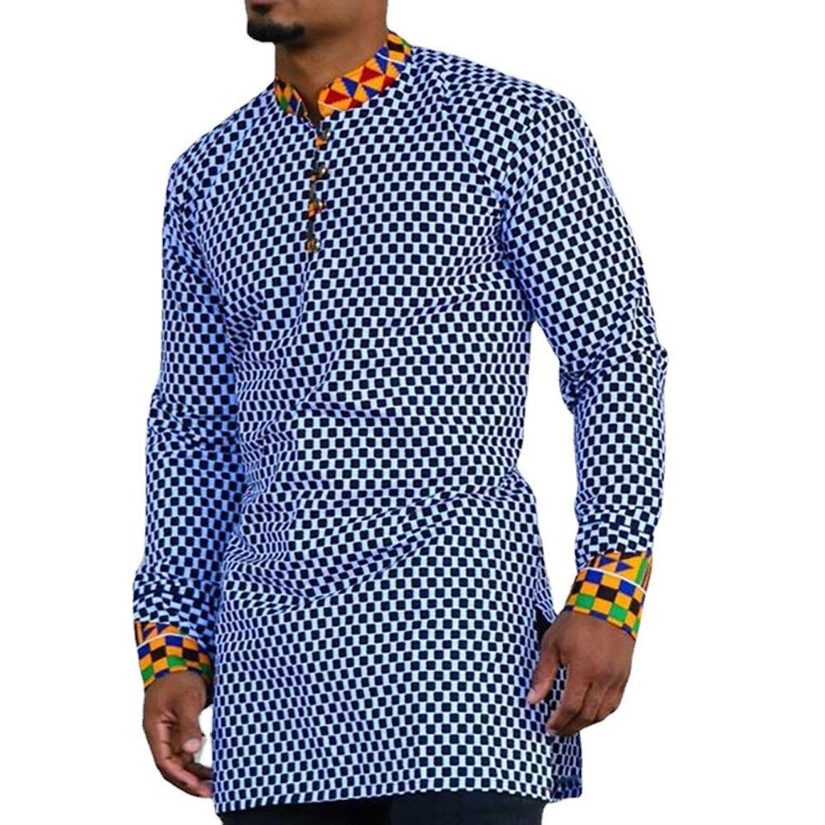 Men&#39;s Blue African Dashiki Shirt With Kente Print Detail