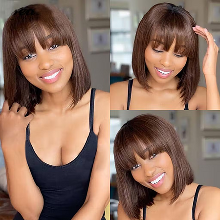 Chestnut Brown Color Bob Wigs With Bangs Straight Short Non-Lace Human Hair Colored Bob Wigs 180% Density Machine Made