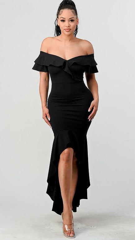 Off Shoulder Ruffle High Low Black Dress