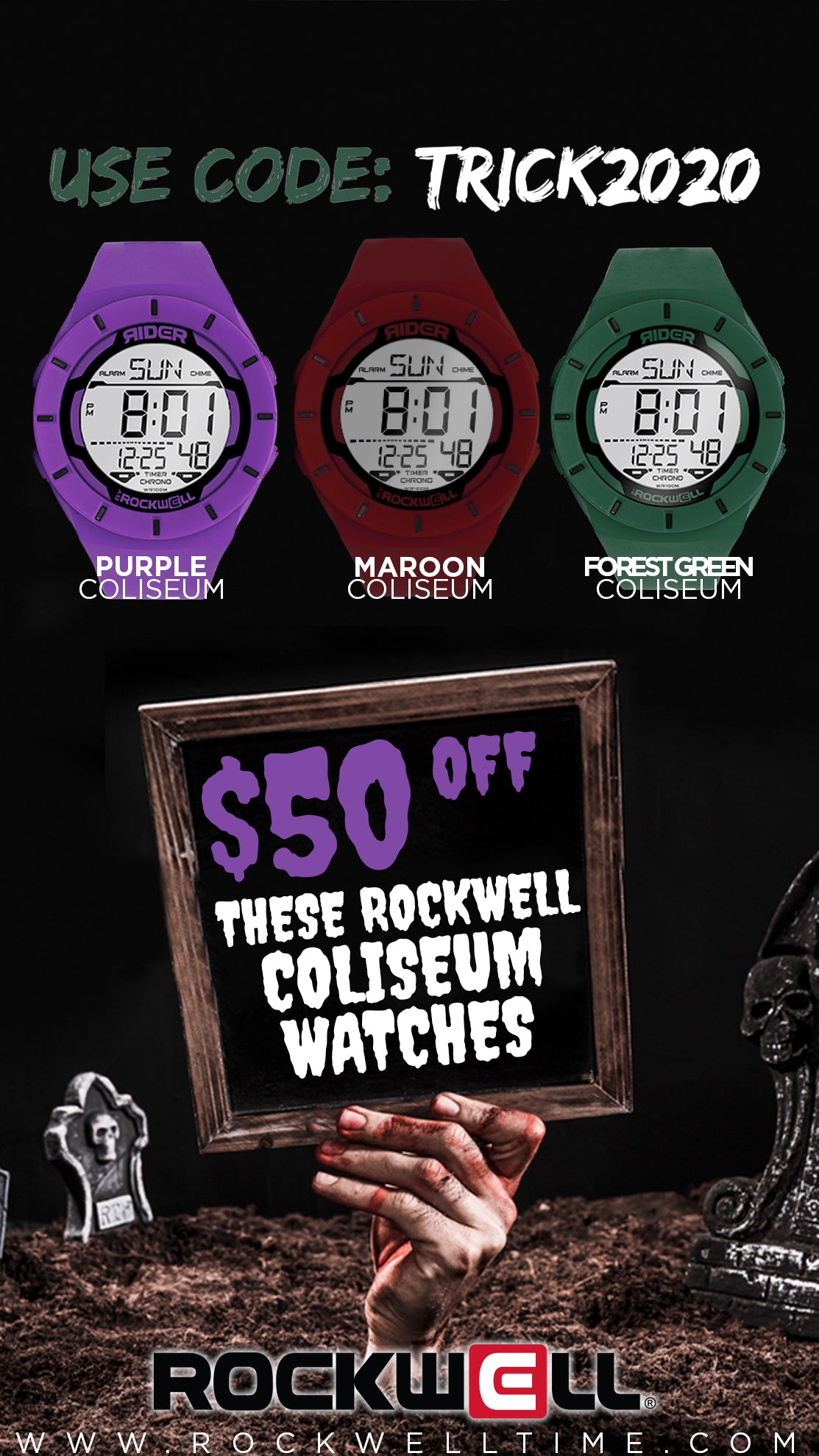 $50.00 off these 3 coliseum watches Purple, Green, Maroon