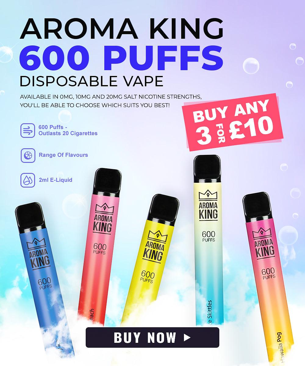 AROMA KING 600 PUFFS DISPOSABLE VAPE AVAILABLE IN OMG, TOMG AND 20MG SALT NICOTINE STRENGTHS, YOU'LL BE ABLE TO CHOOSE WHICH SUITS YOU BEST! 600 Puffs - 5? Outlasts 20 Cigarettes Range Of Flavours - 2ml E-Liquid 