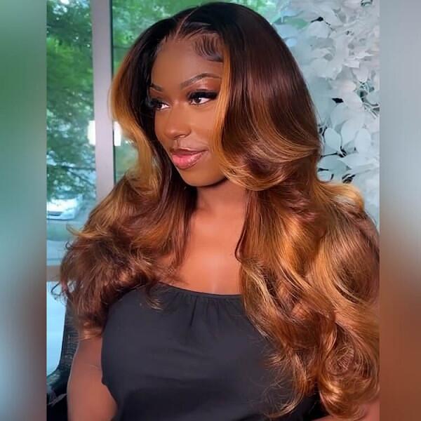Highlight Balayage Ombre 1b/4/30 Colored Hair Body Wave 13x4 Lace Front Wigs On Dark Roots Hair 180% Density