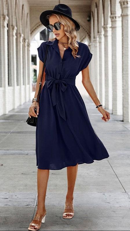 Button Wide Sleeve Belt Solid Fit Dress