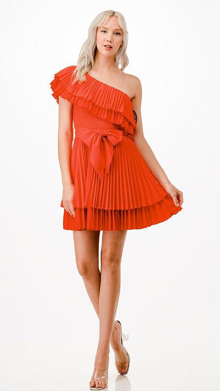 One Shoulder Pleats Short Dress