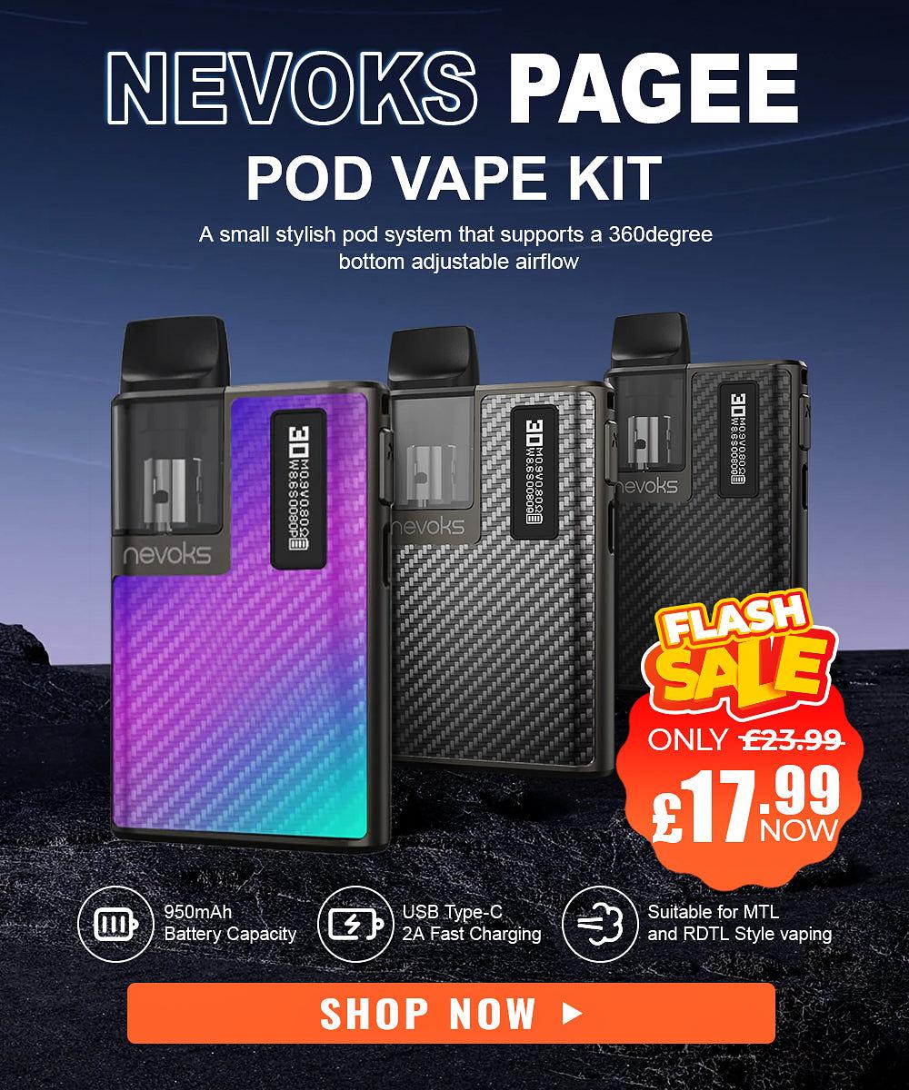 NEVOKS PAGEE POD VAPE KIT A small stylish pod system that supports a 360degree bottom adjustable airflow e 5t ESirrrin I aEVol35; L R WS- R o Suitable for MTL Z Battery Capacity 2A Fast Charging and RDTL Style vaping. 