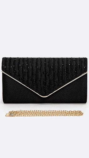 Crystal Pave Pleated Satin Clutch Black Bag