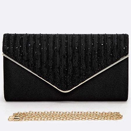 Crystal Pave Pleated Satin Clutch Black Bag