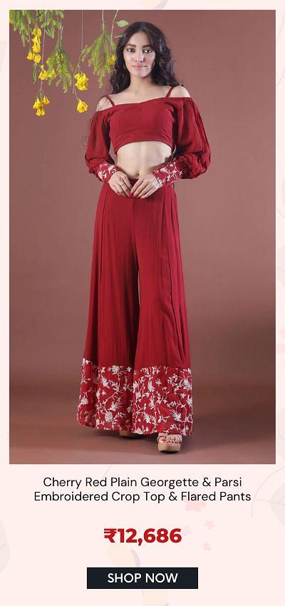 Cherry Red Plain Georgette Parsi Embroidered Crop Top Flared Pants 212,686 