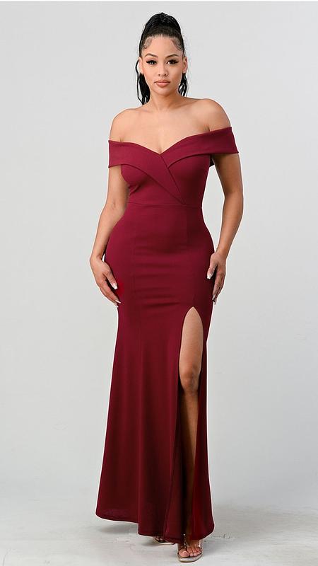 Off the Shoulder Slit Maxi Wine Dress