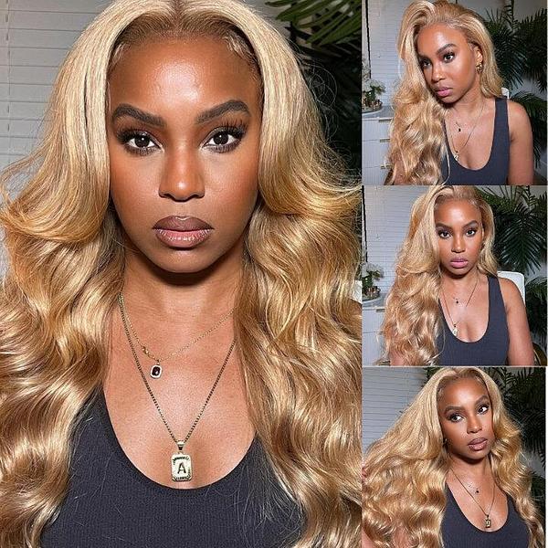 Megalook Straight /Body Wave 5x5 Closure &amp; 13x4 lace frontal wigs #27 colored honey blonde HD lace human hair wigs pre-plucked with baby hair