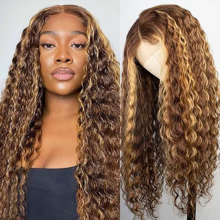 $95.9 Highlight Piano Color Wig Transparent Lace Closure 4x4 Deep Wave /Natural Wave Style Wig