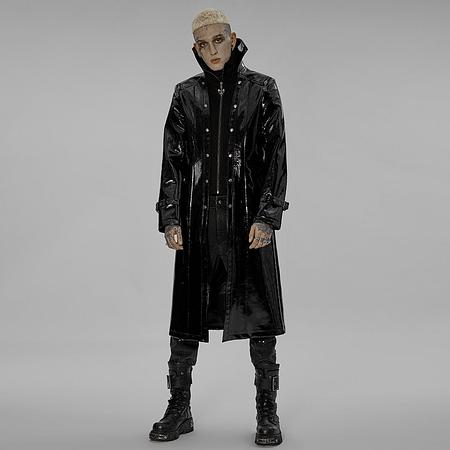 Men&#39;s Punk Stand Collar Patent Leather Long Coat