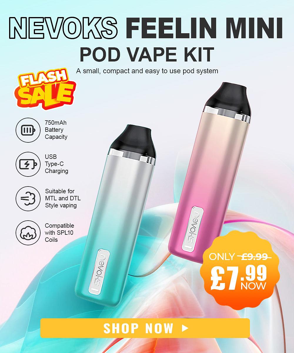 NEVOKS FEELIN MINI POD VAPE KIT A small, compact and easy to use pod system 750mAh Battery Capacity UsB Type-C Charging Suitable for MTL and DTL Style vaping Compatible with SPL10 Coils wO 