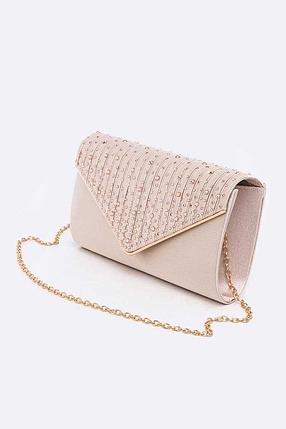 Crystal Pave Pleated Satin Clutch Champagne Bag