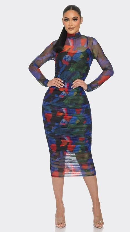 Mesh Print Midi Dress