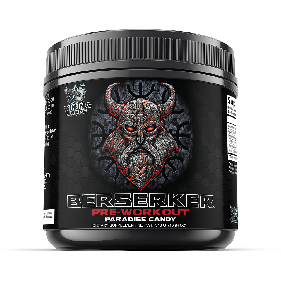 . g Ul BERSERIMER PRE-WORKOUT PARADISE CANDY DIETARY SUPPLEMENT NET WT. 310 G 10.94 02 . 3 h y 