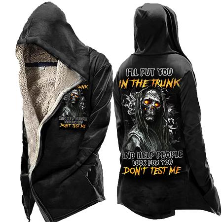 Men&#39;s Plush Zipper Skull Trunk Comic Print Fleece Hooded Jacket