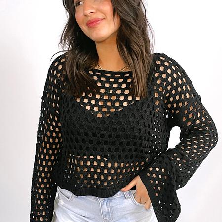 Crochet Long Sleeve Top | Black