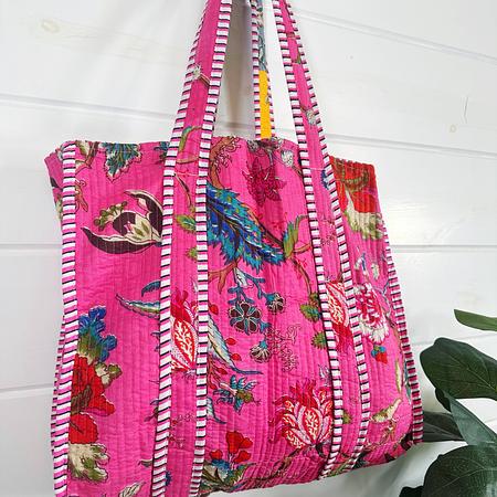 Cotton Quilted Block Print Tote Bag Reversible - Pink Floral