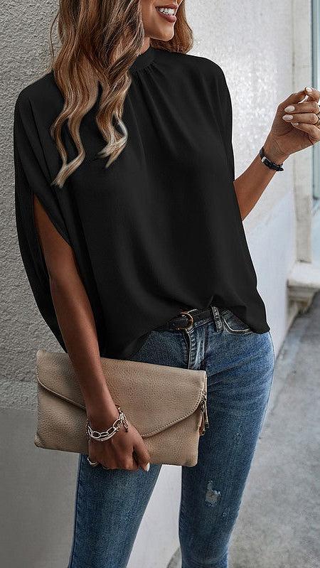 Solid Cape Short Sleeve Black Top