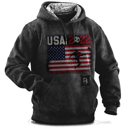 Mens Pullover Hoodie Soccer American Flag Printed Warm Sweatshirt