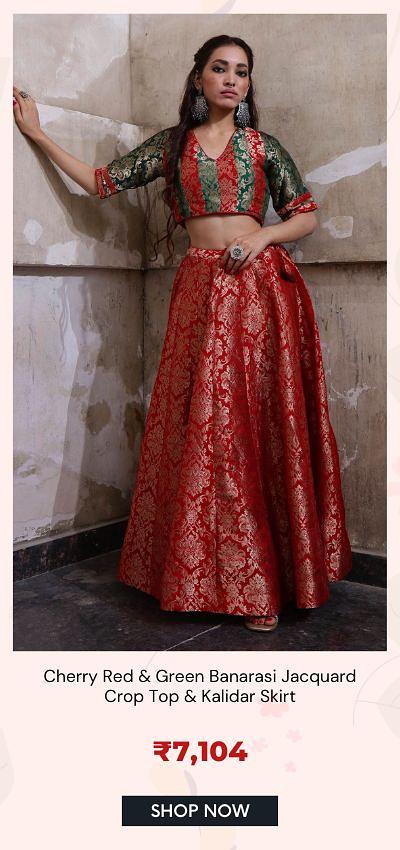 Cherry Red Green Banarasi Jacquard Crop Top Kalidar Skirt 7,104 