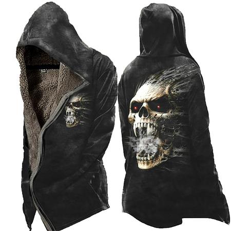 Men&#39;s Hoodie Devil Skull Print Coat Zip Up Fleece Jacket