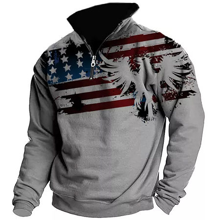 Men&#39;s Vintage American Flag Print 1/4 Zipper Stand Collar Sweatshirt