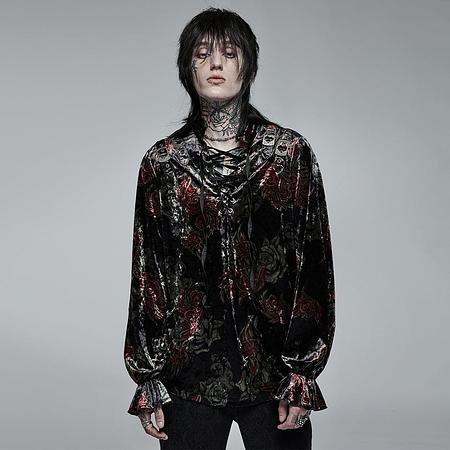 Men&#39;s Gothic Strappy Floral Printed Velvet Shirt