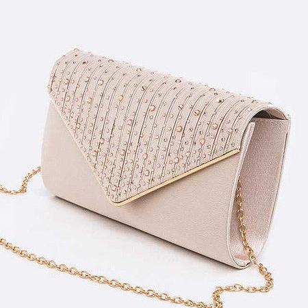 Crystal Pave Pleated Satin Clutch Champagne Bag