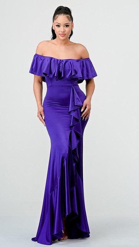 Ruffle Trim Satin Purple Dress