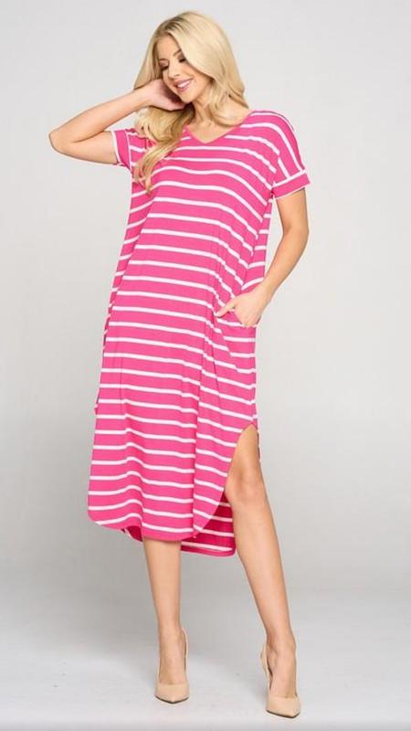 Aurora Midi Stripe Dress - Fuchsia