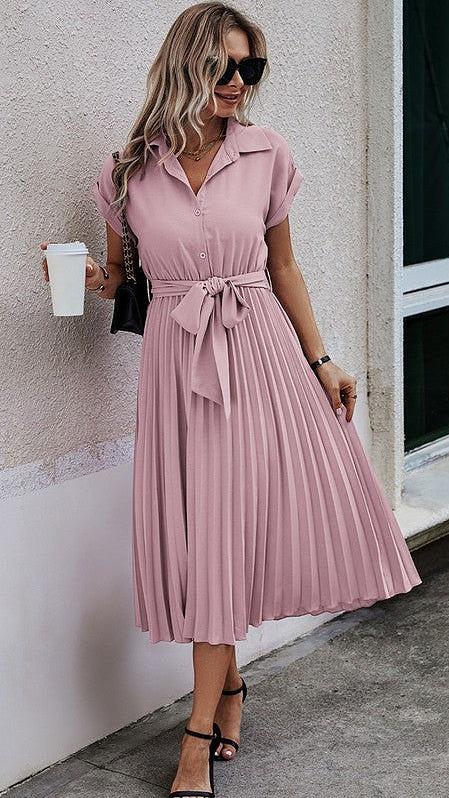 Button Up Knot Belt A Line Dress