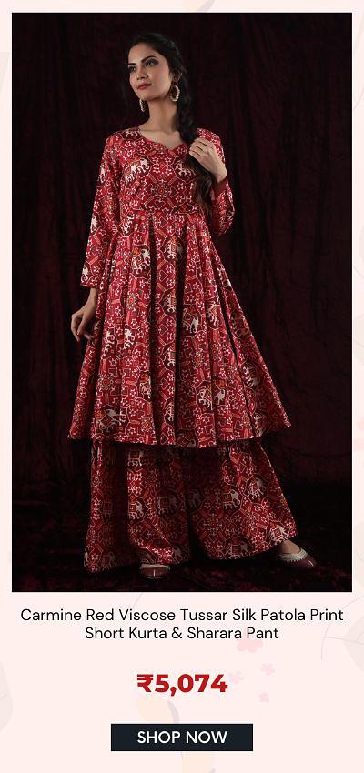 Carmine Red Viscose Tussar Silk Patola Print Short Kurta Sharara Pant 5,074 