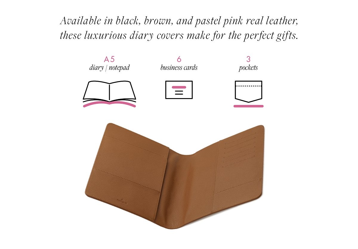 Available in black, brown, and pastel pink real leather, these luxurious diary covers make for the perfect gifts. A5 6 3 diary notepad business cards pockets Lo B 