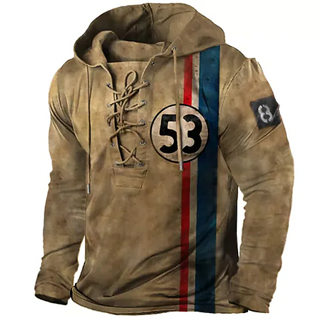 Men Hoodie Lace Up Collar Number 53 Print Long Sleeve Vintage Hoodie